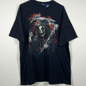 💀🔥 Vintage Y2K Grim Reaper Skeleton Grunge Horror Halloween tee Sz XL - EUC